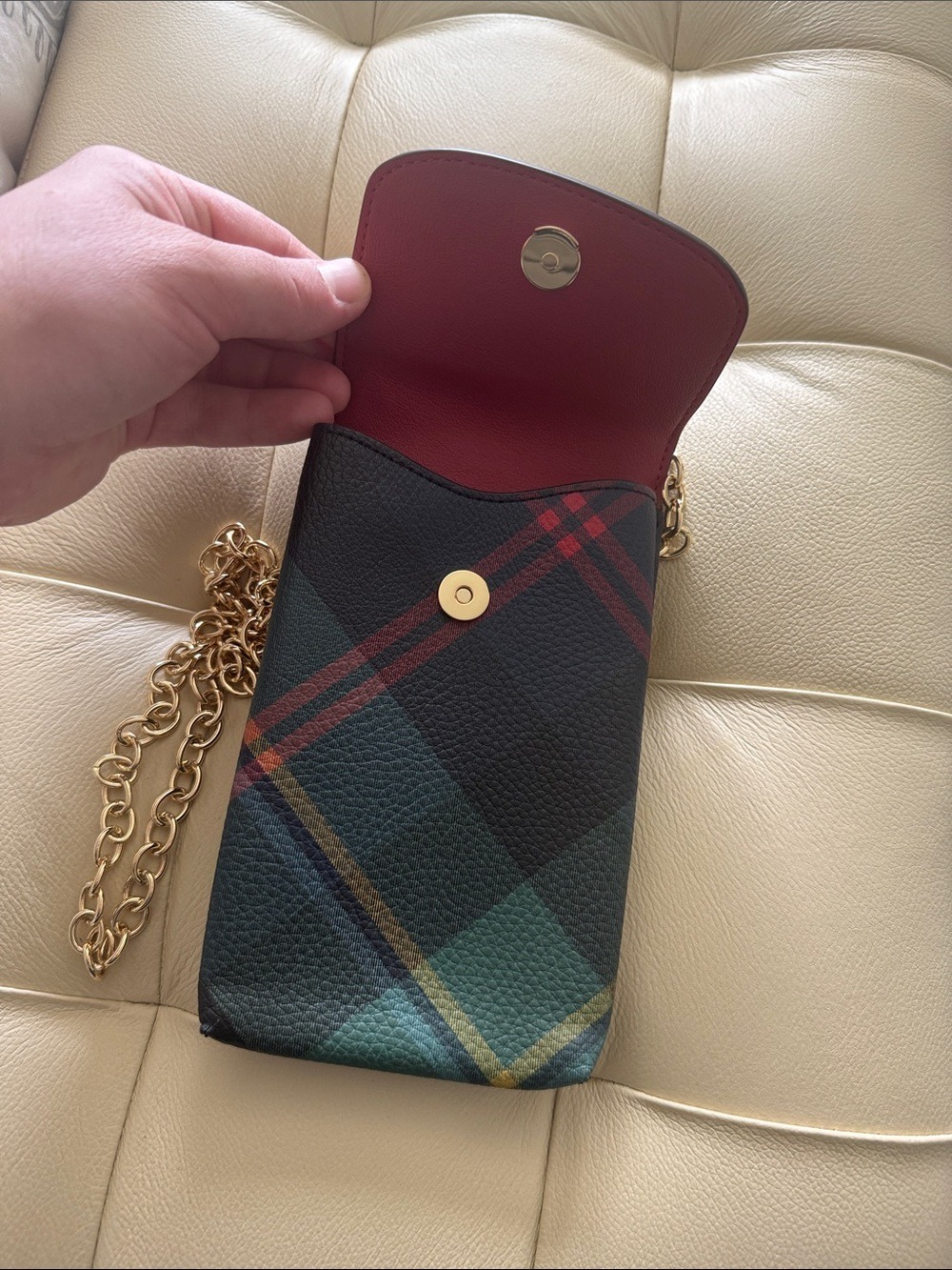 Ralph Lauren Green Plaid Chain Crossbody Phone Pouch - Picture 3 of 6
